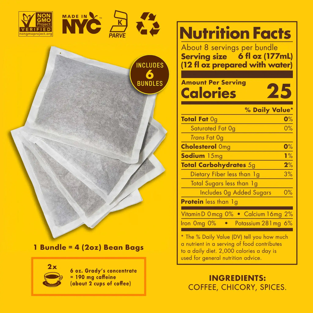 Cold Brew Coffee Bags 6-Pack with Decaf or Half-Caf for Easy Overnight Brewing at Home · Six bundles, four 2 oz bean bags