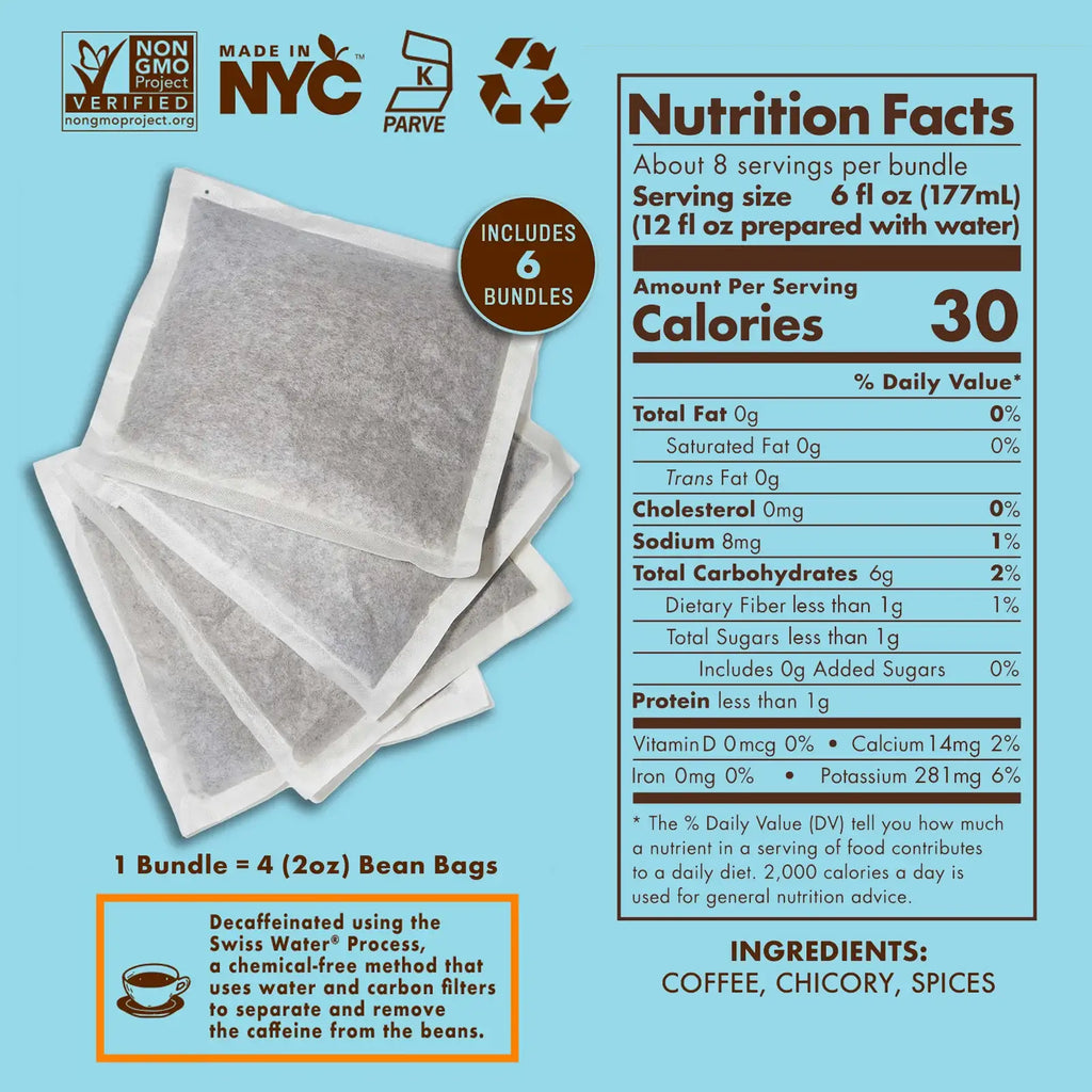 Cold Brew Coffee Bags 6-Pack with Decaf or Half-Caf for Easy Overnight Brewing at Home · Six bundles, four 2 oz bean bags