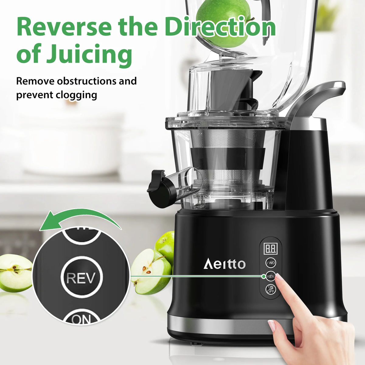 Cold Press Juicer with a 3.3-Inch Dual Feed Chute and 60 RPM Masticating Action for Fruit and Vegetables