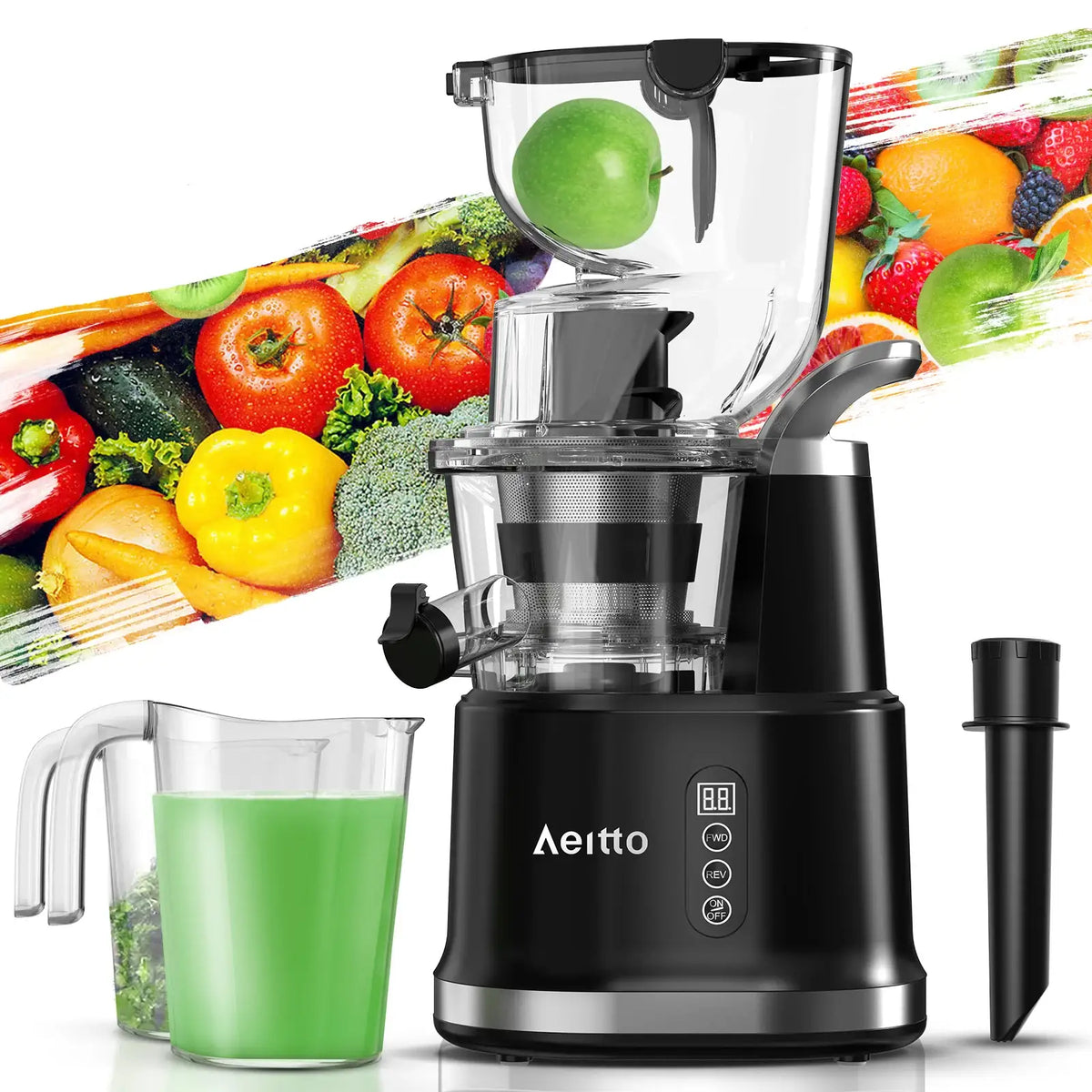 Cold Press Juicer with a 3.3-Inch Dual Feed Chute and 60 RPM Masticating Action for Fruit and Vegetables