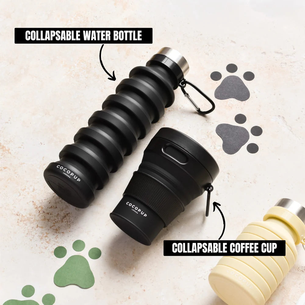 Collapsible Coffee Cup in Black for Coffee Stops on Dog Walks, 450ml Capacity and Compact Silicone Design