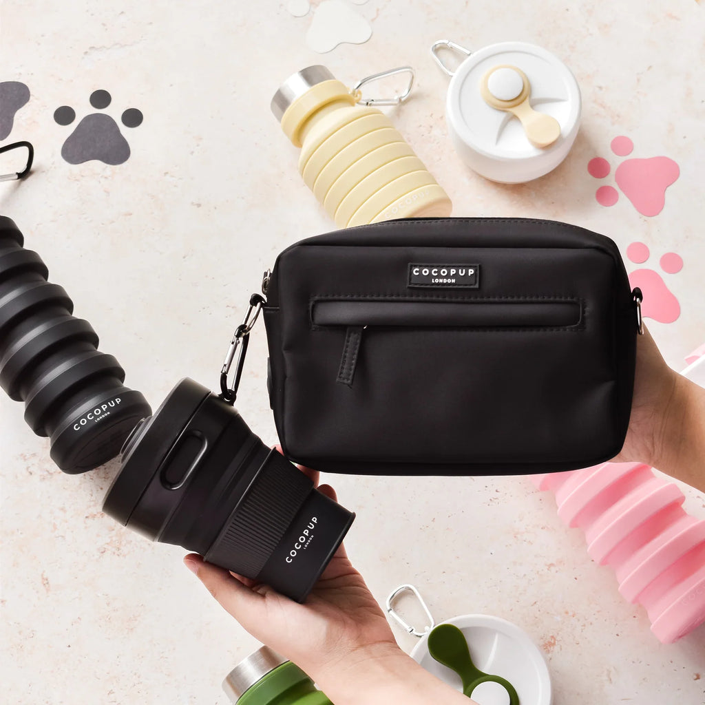 Collapsible Coffee Cup in Black for Coffee Stops on Dog Walks, 450ml Capacity and Compact Silicone Design