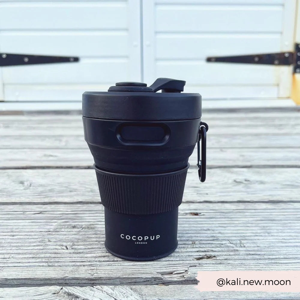 Collapsible Coffee Cup in Black for Coffee Stops on Dog Walks, 450ml Capacity and Compact Silicone Design