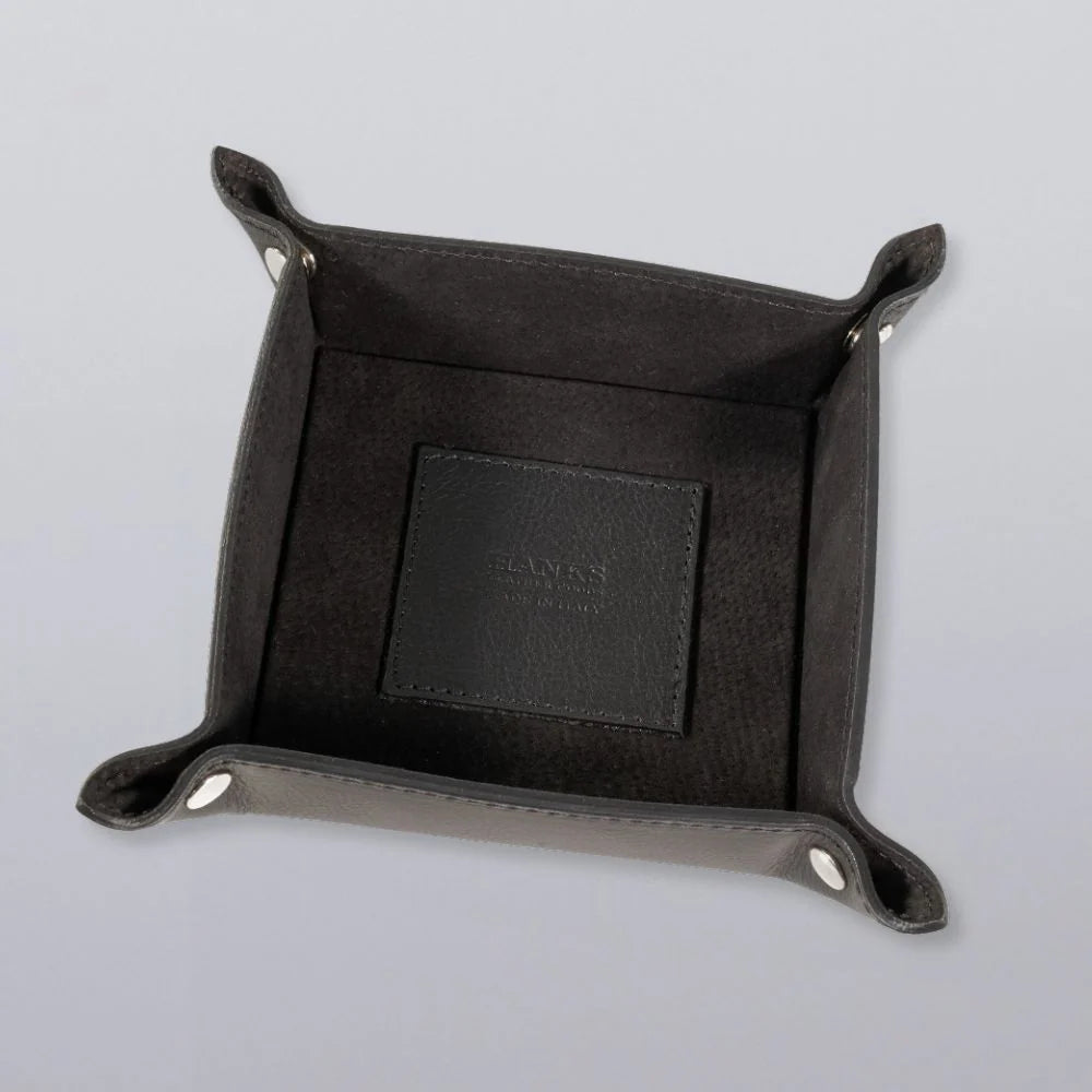 Compact Italian Leather Valet Tray with Suede Lining and Snap-Down Corners for Travel and Everyday Essentials