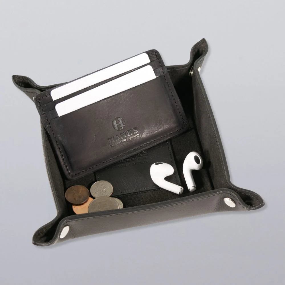 Compact Italian Leather Valet Tray with Suede Lining and Snap-Down Corners for Travel and Everyday Essentials