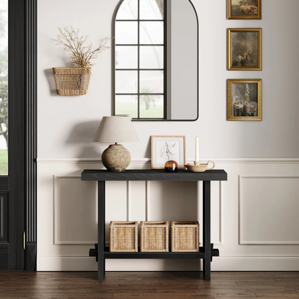 Console Table in Black Oak with Hidden Hardware, Anti-Tip Protection and Modern Rustic Entryway Style