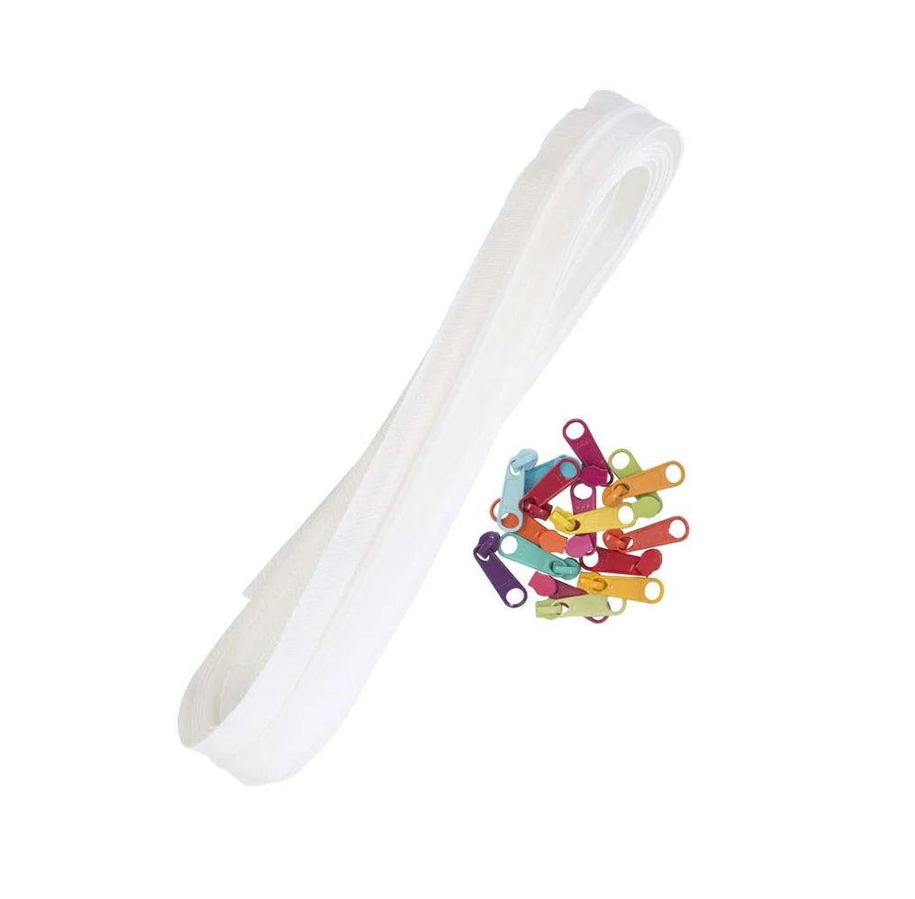 Continuous Nylon Coil Zippers by the Yard, 4 Yards and 16 Extra-Large Pulls for Custom Bag Closures — White / Multi