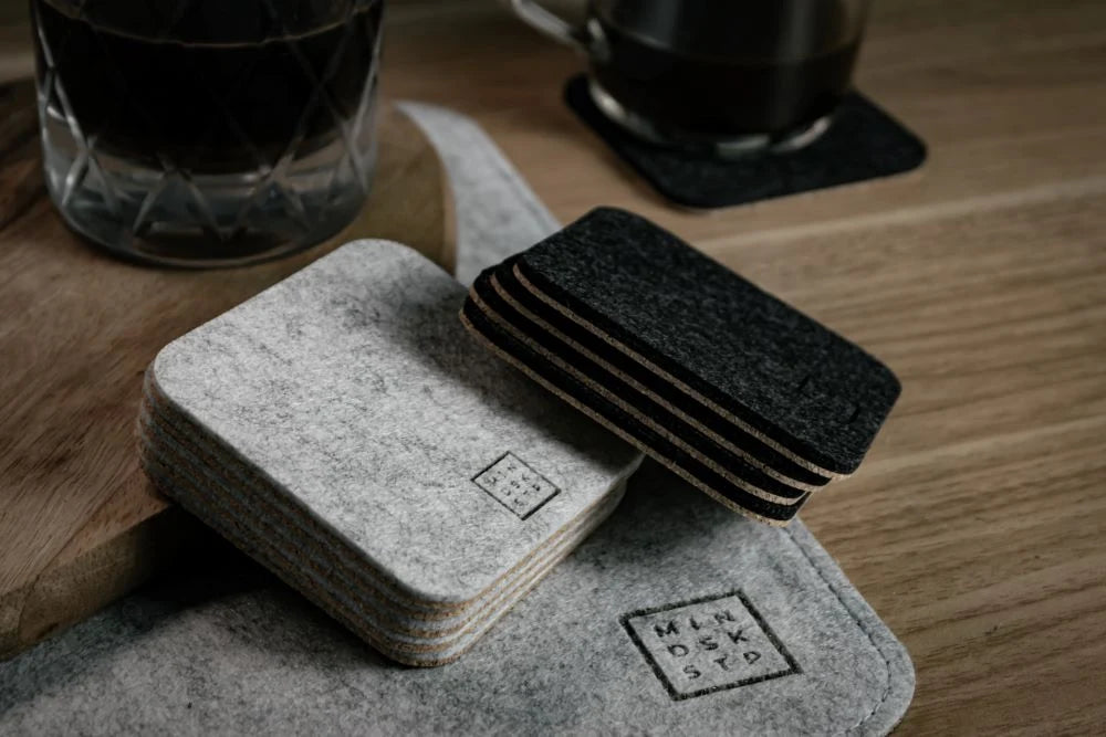 Cork Coaster Set for Desk and Drinks, 5-Piece Felt Drink Coasters in Dark Grey or Light Grey