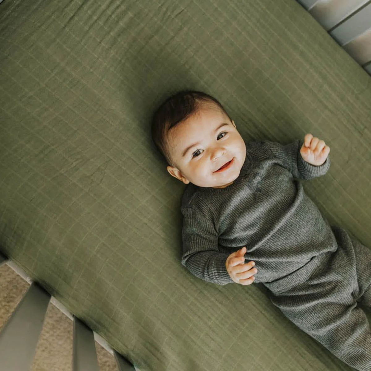 Cotton Muslin Crib Sheet in Fern Green