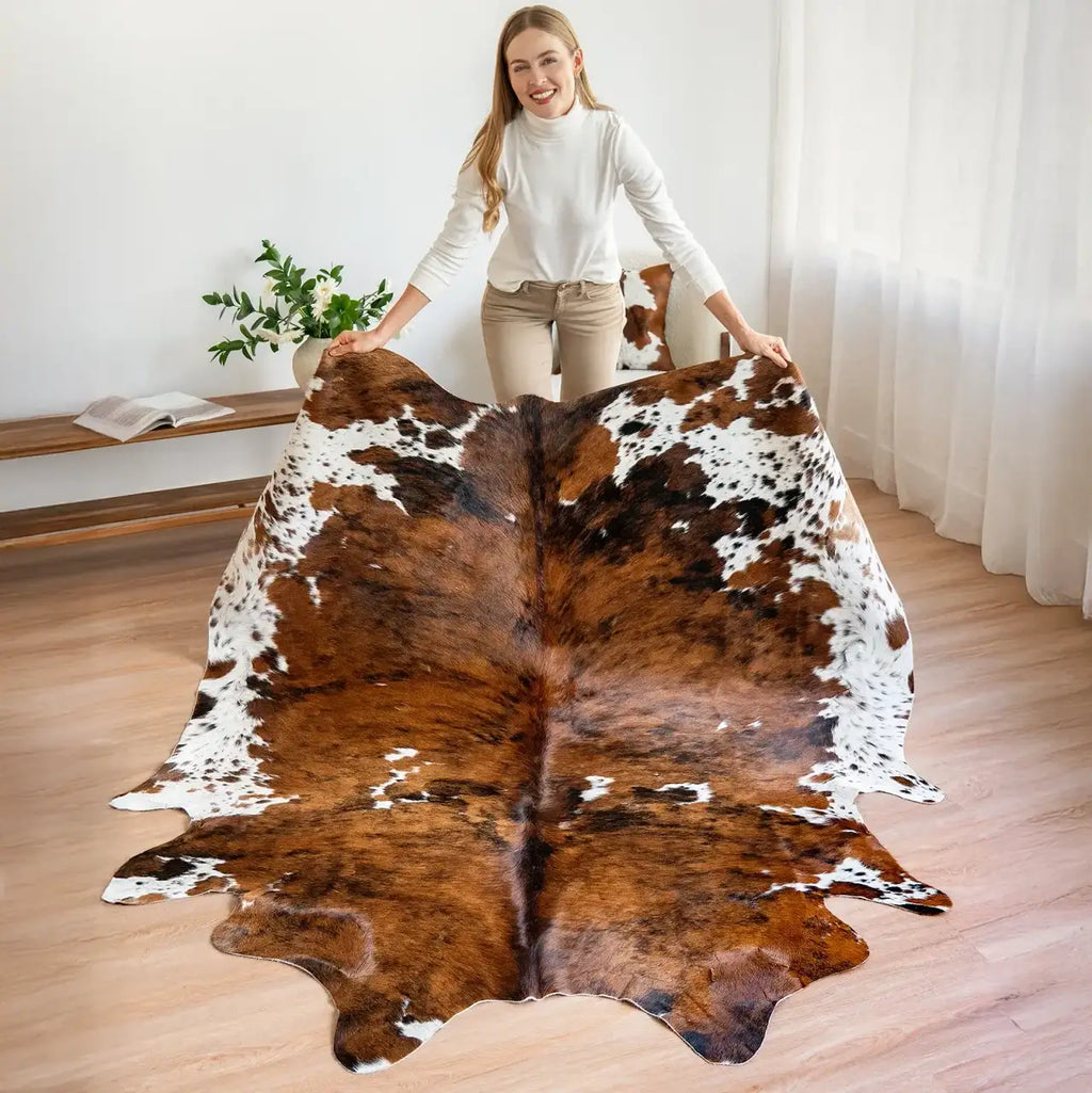 Cowhide Rug in Tricolor Brindle Brown, Black and White Genuine Hair-On Leather, Large to XXL Sizes