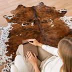 Cowhide Rug in Tricolor Brindle Brown, Black and White Genuine Hair-On Leather, Large to XXL Sizes