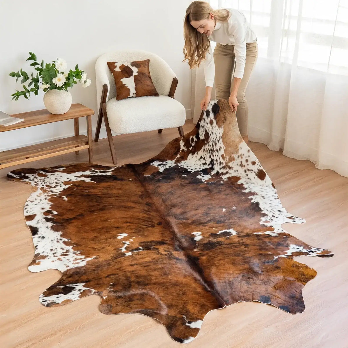 Cowhide Rug in Tricolor Brindle Brown, Black and White Genuine Hair-On Leather, Large to XXL Sizes