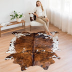 Cowhide Rug in Tricolor Brindle Brown, Black and White Genuine Hair-On Leather, Large to XXL Sizes
