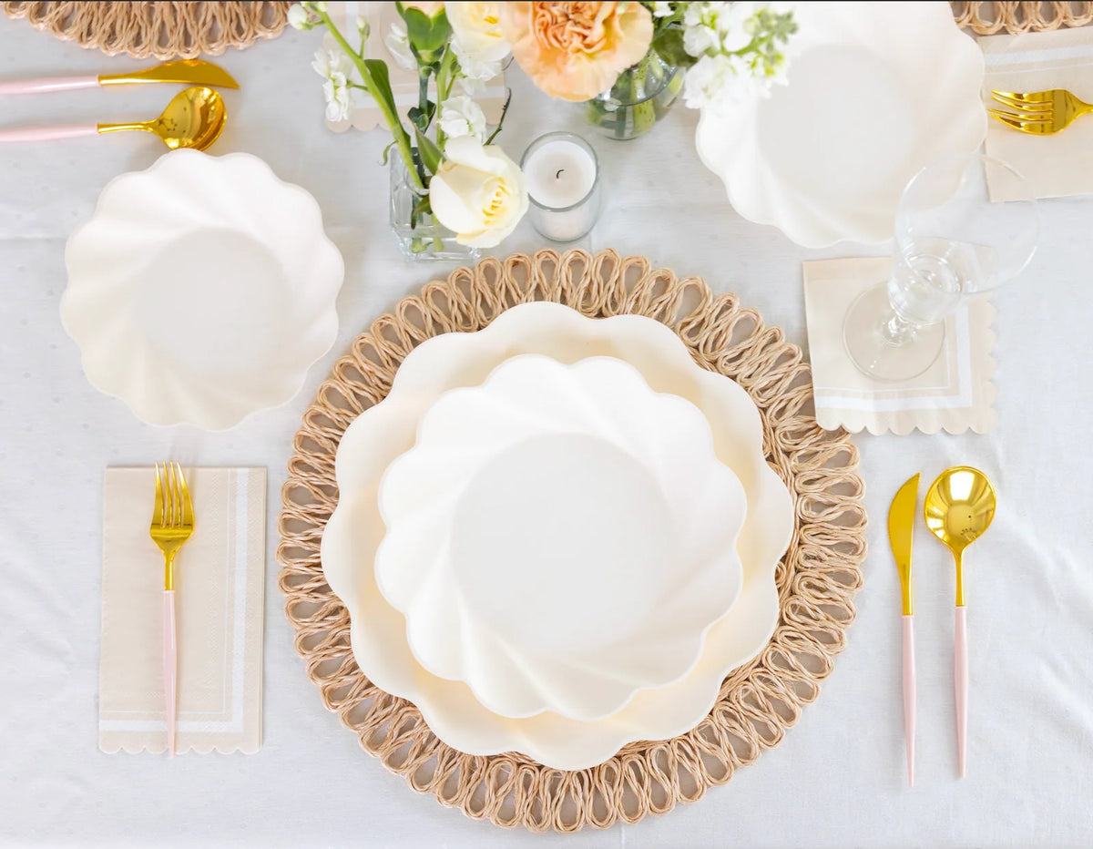 Cream Salad Plates in a Wavy Design, 8-Pack of 7.5-Inch Compostable Plates for Parties and Showers