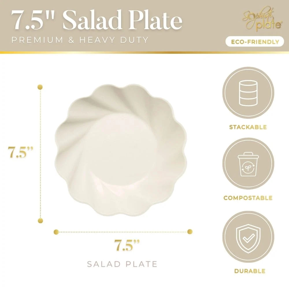 Cream Salad Plates in a Wavy Design, 8-Pack of 7.5-Inch Compostable Plates for Parties and Showers