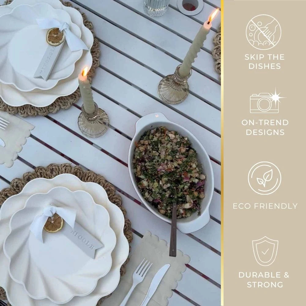 Cream Salad Plates in a Wavy Design, 8-Pack of 7.5-Inch Compostable Plates for Parties and Showers