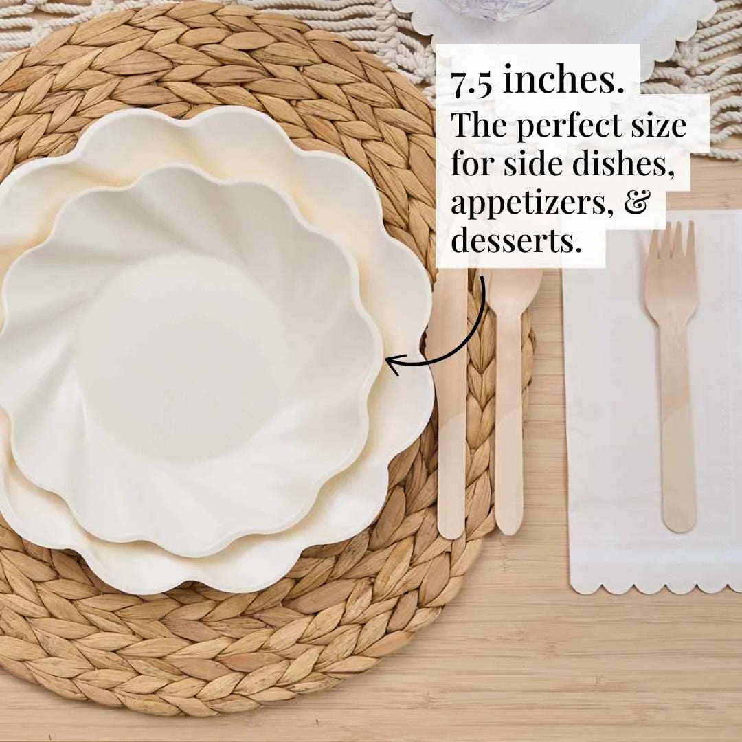 Cream Salad Plates in a Wavy Design, 8-Pack of 7.5-Inch Compostable Plates for Parties and Showers