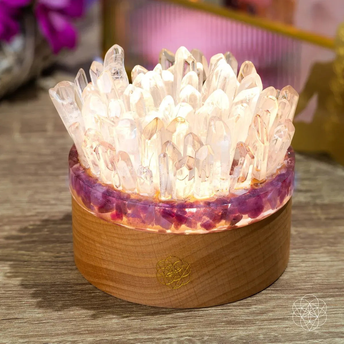 Crystal Lamp with Brazilian Clear Quartz and Pink Tourmaline Base, 30 Customizable Light Settings