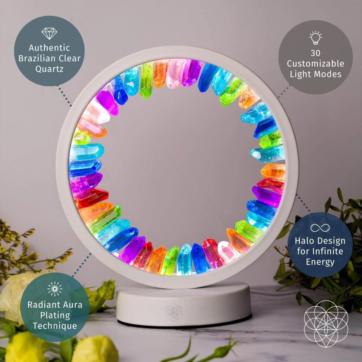 Crystal Lamp with Brazilian Clear Quartz Aura Points and 30 Customizable Light Modes for Restful Spaces
