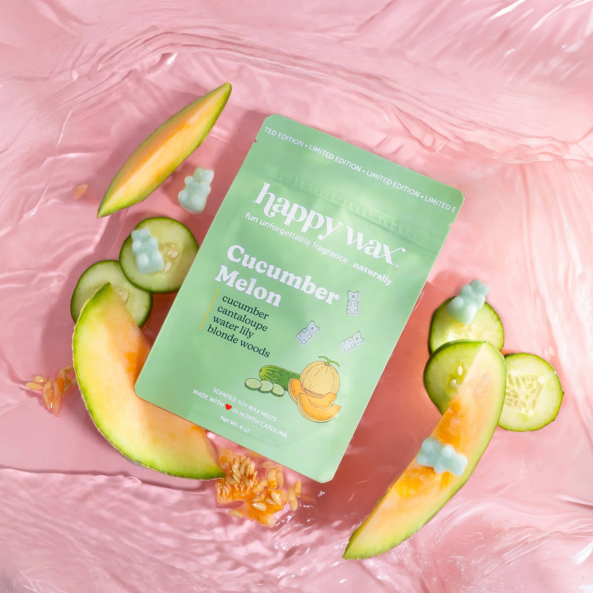 Cucumber Melon Soy Wax Melts in a 4 oz. Pouch, Infused with Essential Oils for a Crisp Fruity Scent