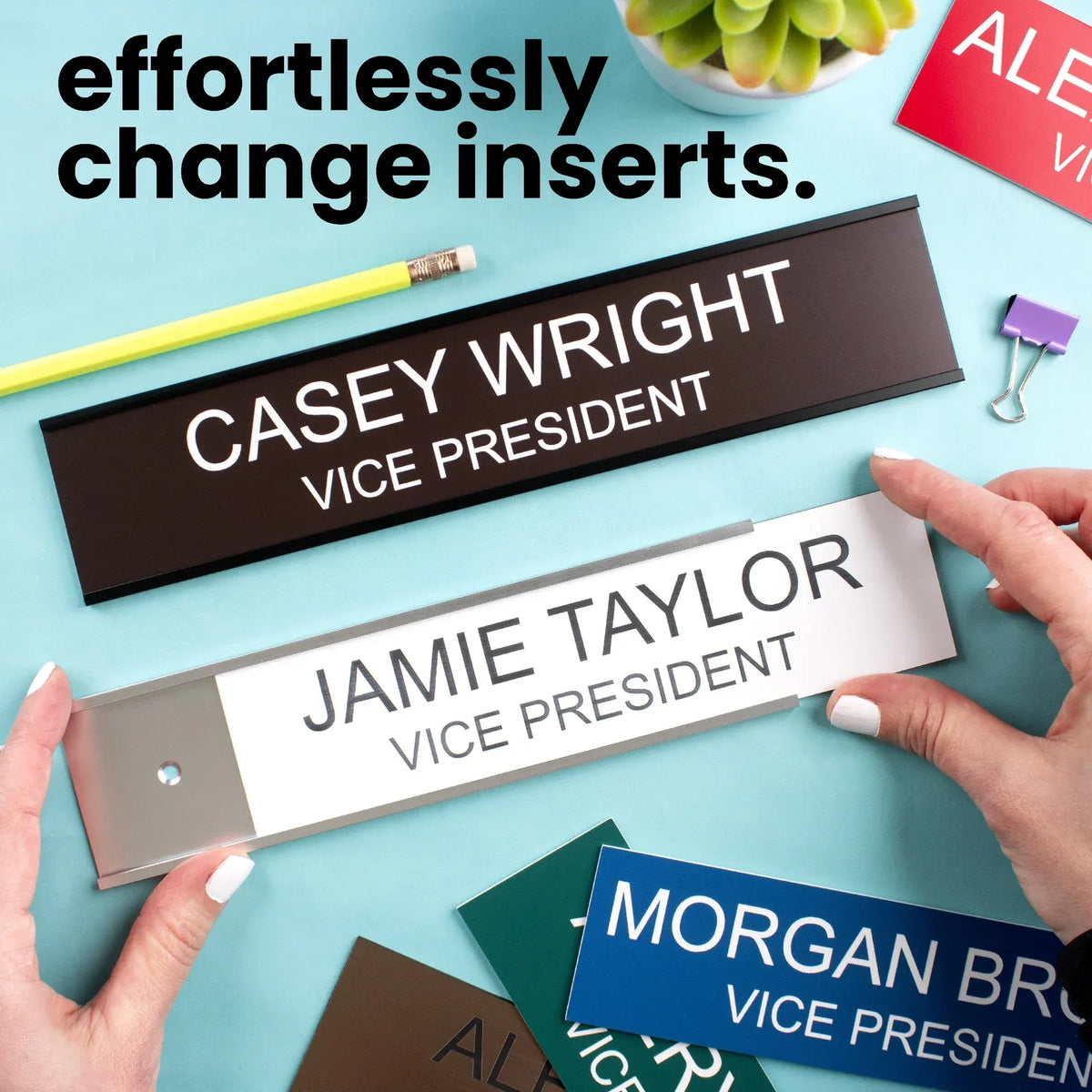 Custom Engraved Desk Name Plate with Replaceable Insert, Two Sizes, and Optional Desk or Wall Holder