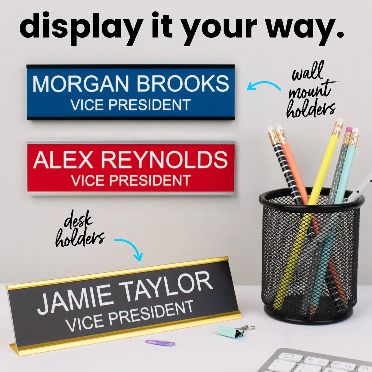 Custom Engraved Desk Name Plate with Replaceable Insert, Two Sizes, and Optional Desk or Wall Holder