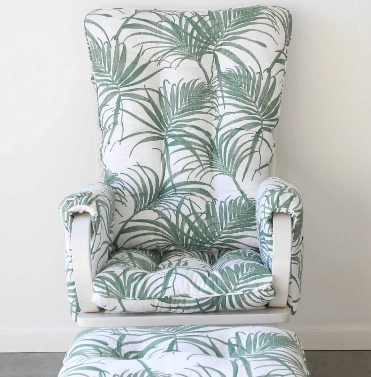 Custom Glider Replacement Cushions for Rocking Chairs with Optional Armrest, Ottoman, and Foam Upgrades