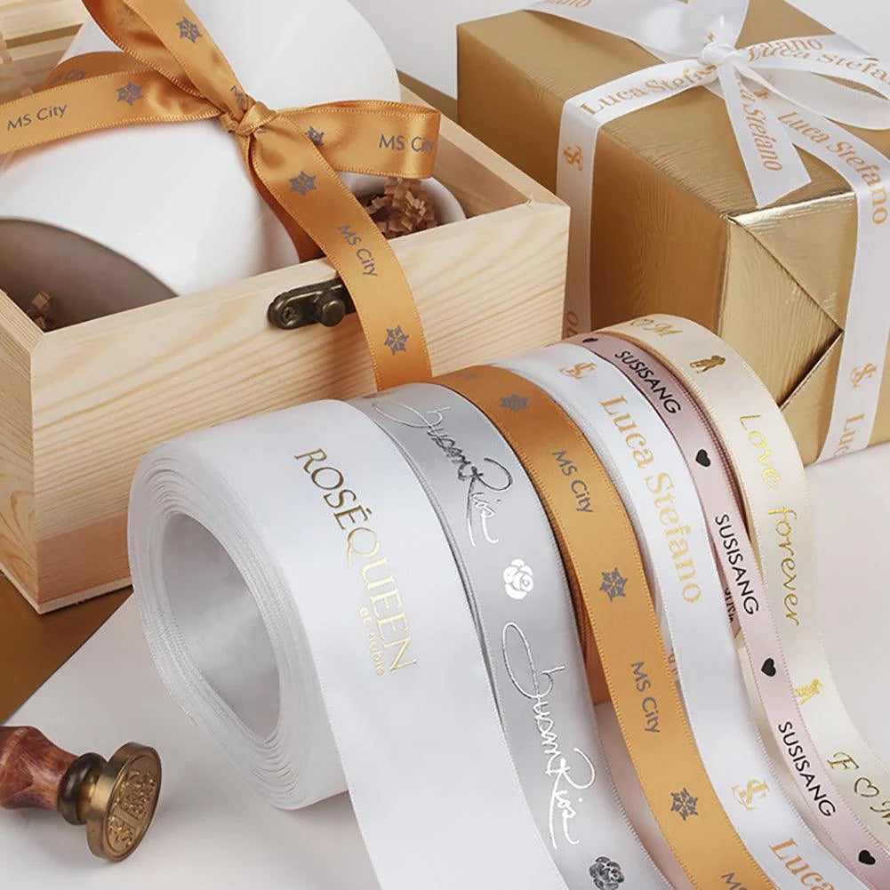 Custom Satin Ribbon Roll, 100 Yards with Personalized Logo, Text or Icon Printing in Multiple Widths and Colors