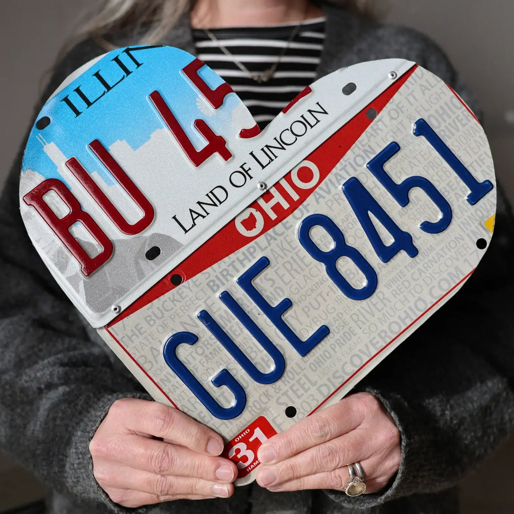Custom State License Plate Heart Wall Art, Handmade Two-Plate Keepsake for Meaningful Places and Special Gifts