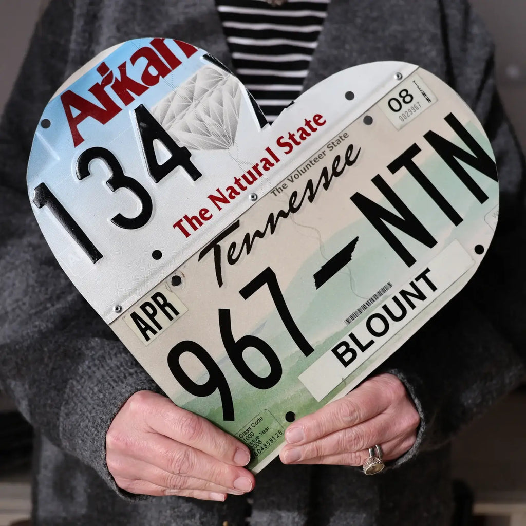 Custom State License Plate Heart Wall Art, Handmade Two-Plate Keepsake for Meaningful Places and Special Gifts