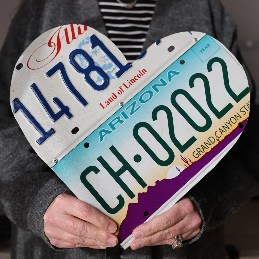 Custom State License Plate Heart Wall Art, Handmade Two-Plate Keepsake for Meaningful Places and Special Gifts