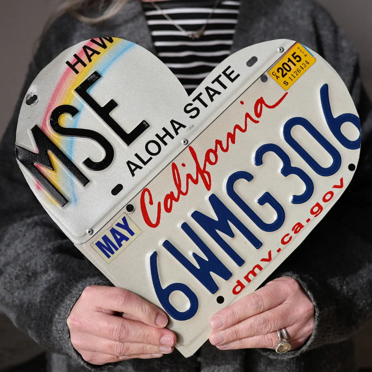 Custom State License Plate Heart Wall Art, Handmade Two-Plate Keepsake for Meaningful Places and Special Gifts