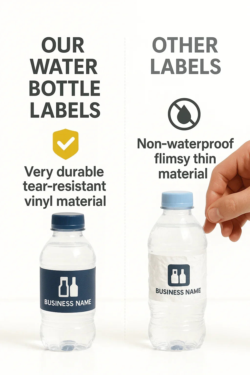 Custom Water Bottle Labels with Waterproof Vinyl, Uploadable Artwork, and Glossy or Matte Finish