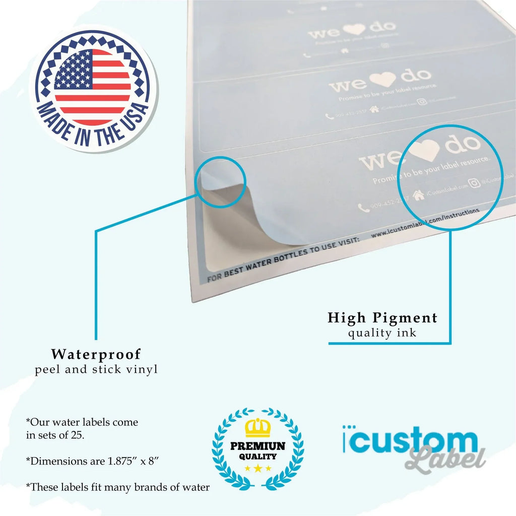 Custom Water Bottle Labels with Waterproof Vinyl, Uploadable Artwork, and Glossy or Matte Finish