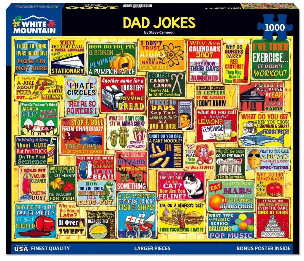 Dad Jokes 1000 Piece Jigsaw Puzzle with Funny Quips, Wisecracks and Puns, Finished 24 x 30 Inch