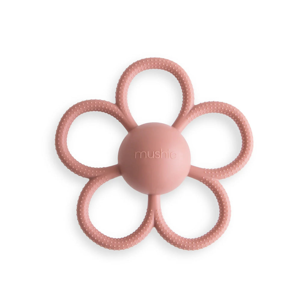 Daisy Rattle Teether with Textured Silicone and Easy-Grasp Handles for Baby Teething and Play — Dusty Rose