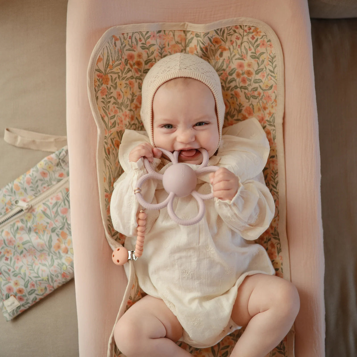 Daisy Rattle Teether with Textured Silicone and Easy-Grasp Handles for Baby Teething and Play