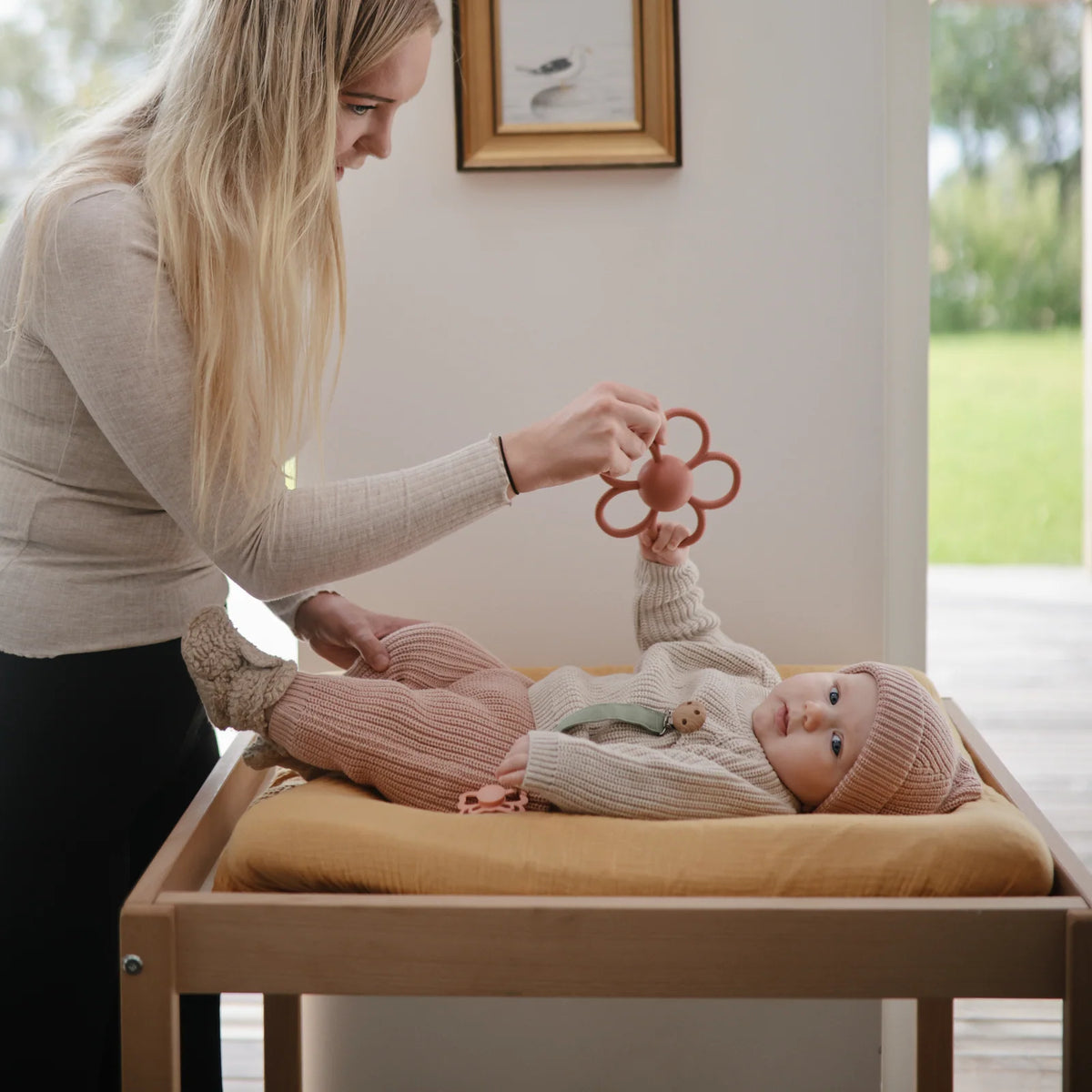 Daisy Rattle Teether with Textured Silicone and Easy-Grasp Handles for Baby Teething and Play