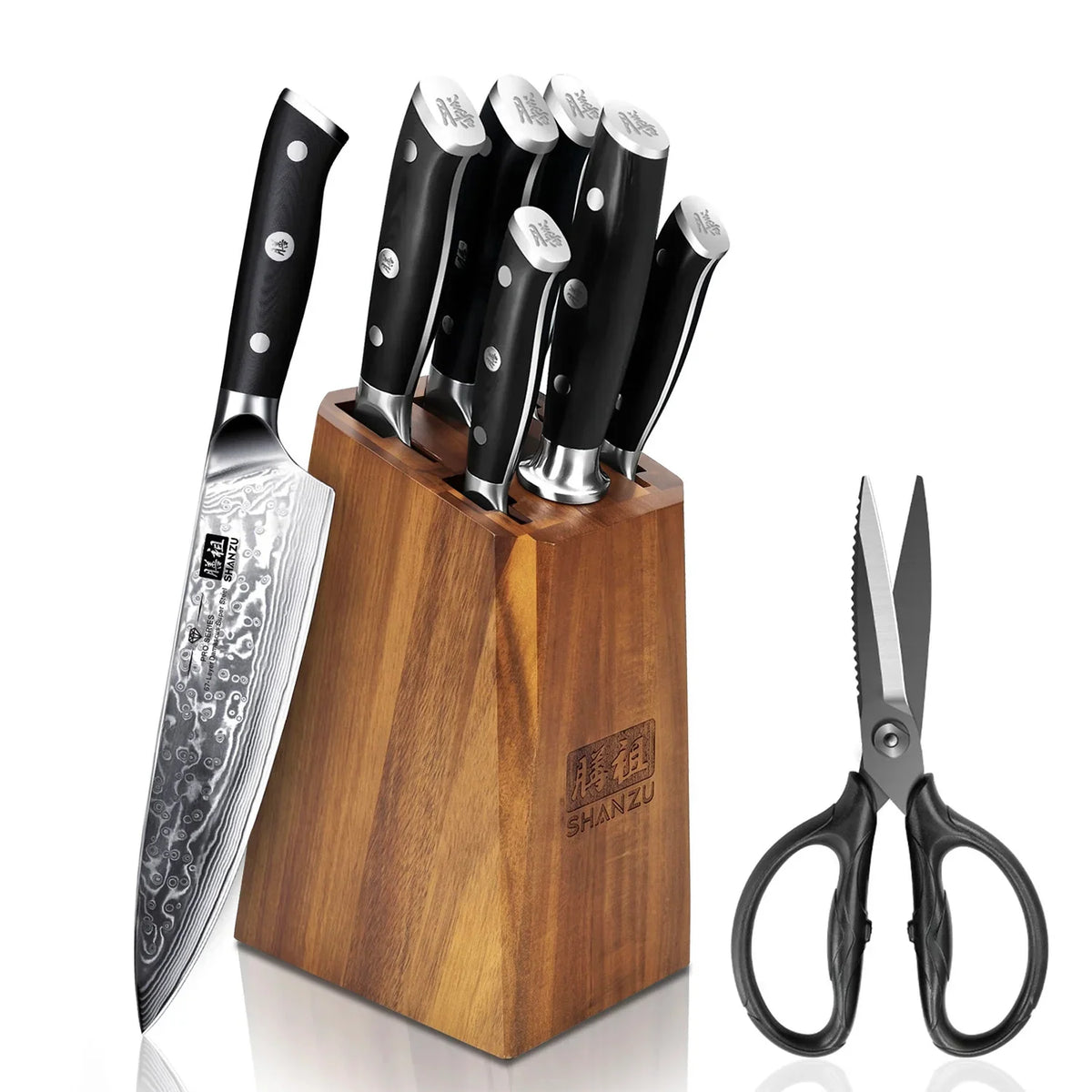 Damascus Knife Set with 10Cr15MoV Core, 66-Layer Steel, Hammered Pattern and Black G10 Handles