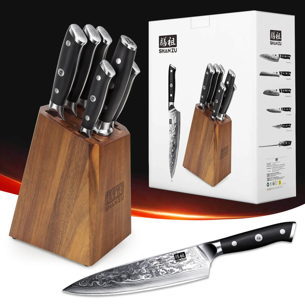 Damascus Knife Set with 10Cr15MoV Core, 66-Layer Steel, Hammered Pattern and Black G10 Handles