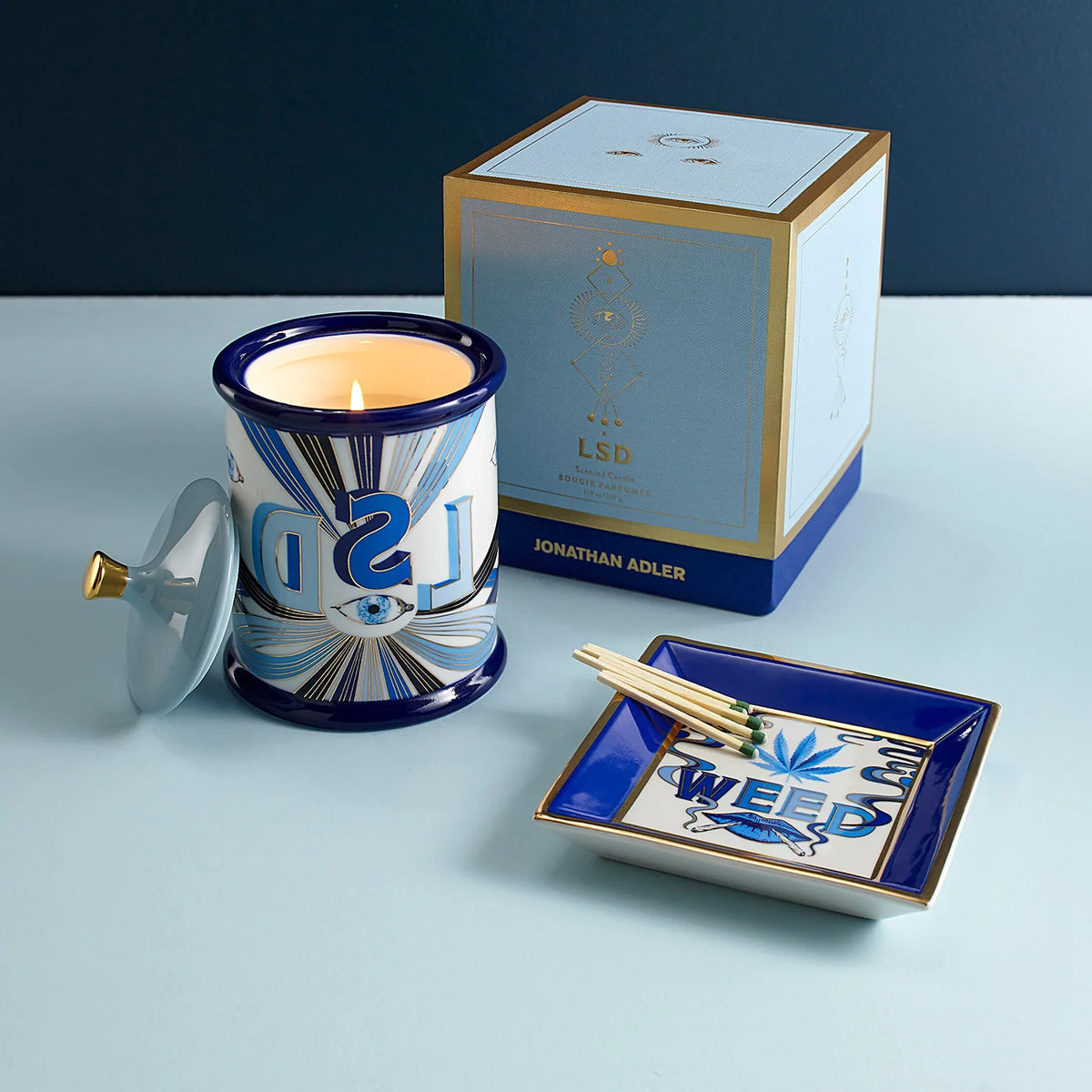 Decorative Porcelain Tray with Delft-Inspired Blue Third-Eye Artwork and Sparkly Gold Accents for Gifting