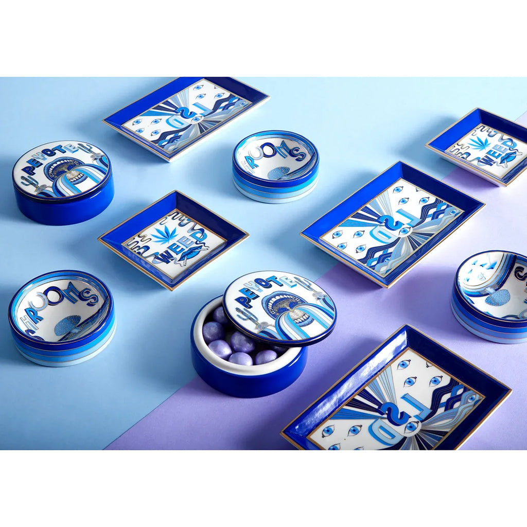 Decorative Porcelain Tray with Delft-Inspired Blue Third-Eye Artwork and Sparkly Gold Accents for Gifting