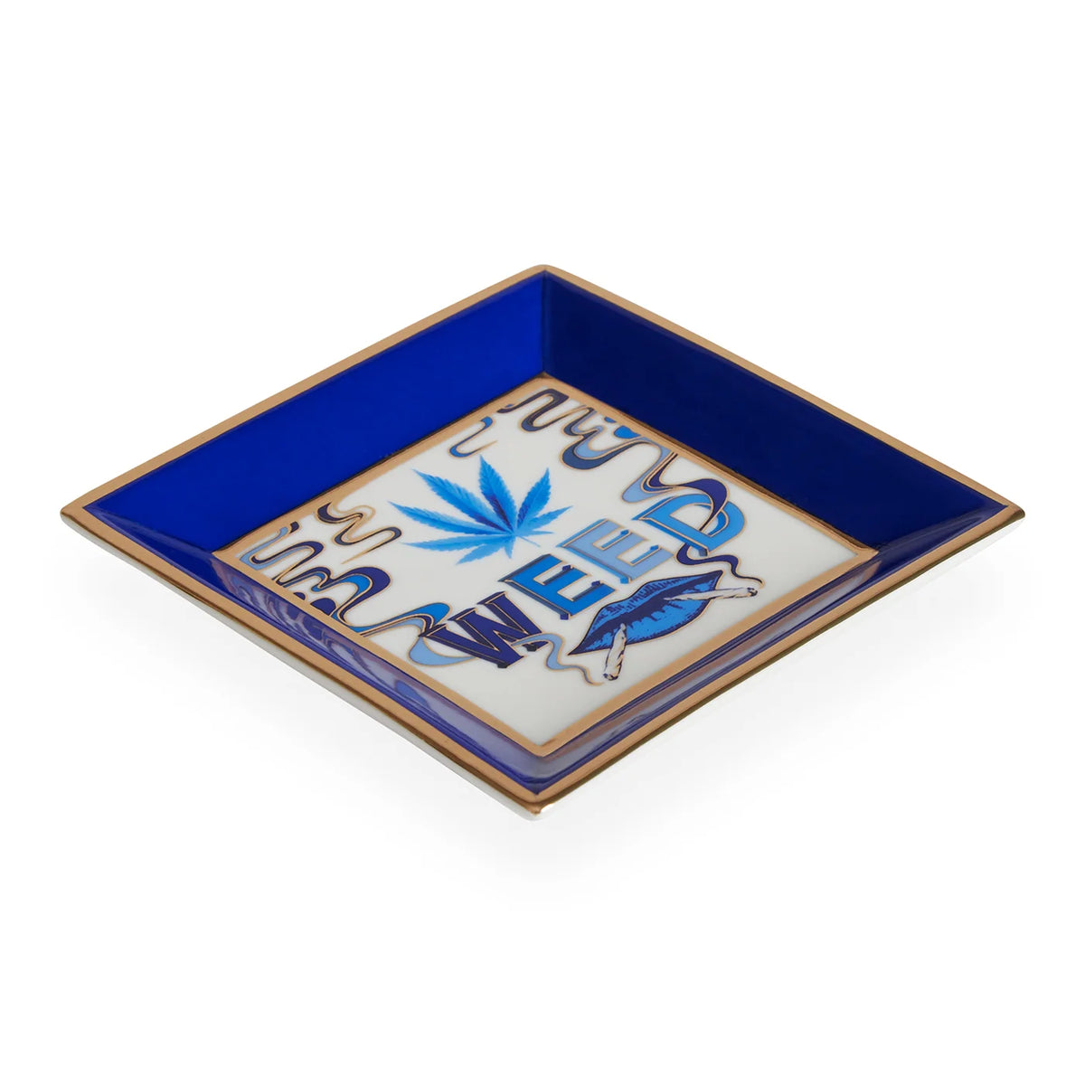 Decorative Porcelain Tray with Delft-Inspired Blue Third-Eye Artwork and Sparkly Gold Accents for Gifting
