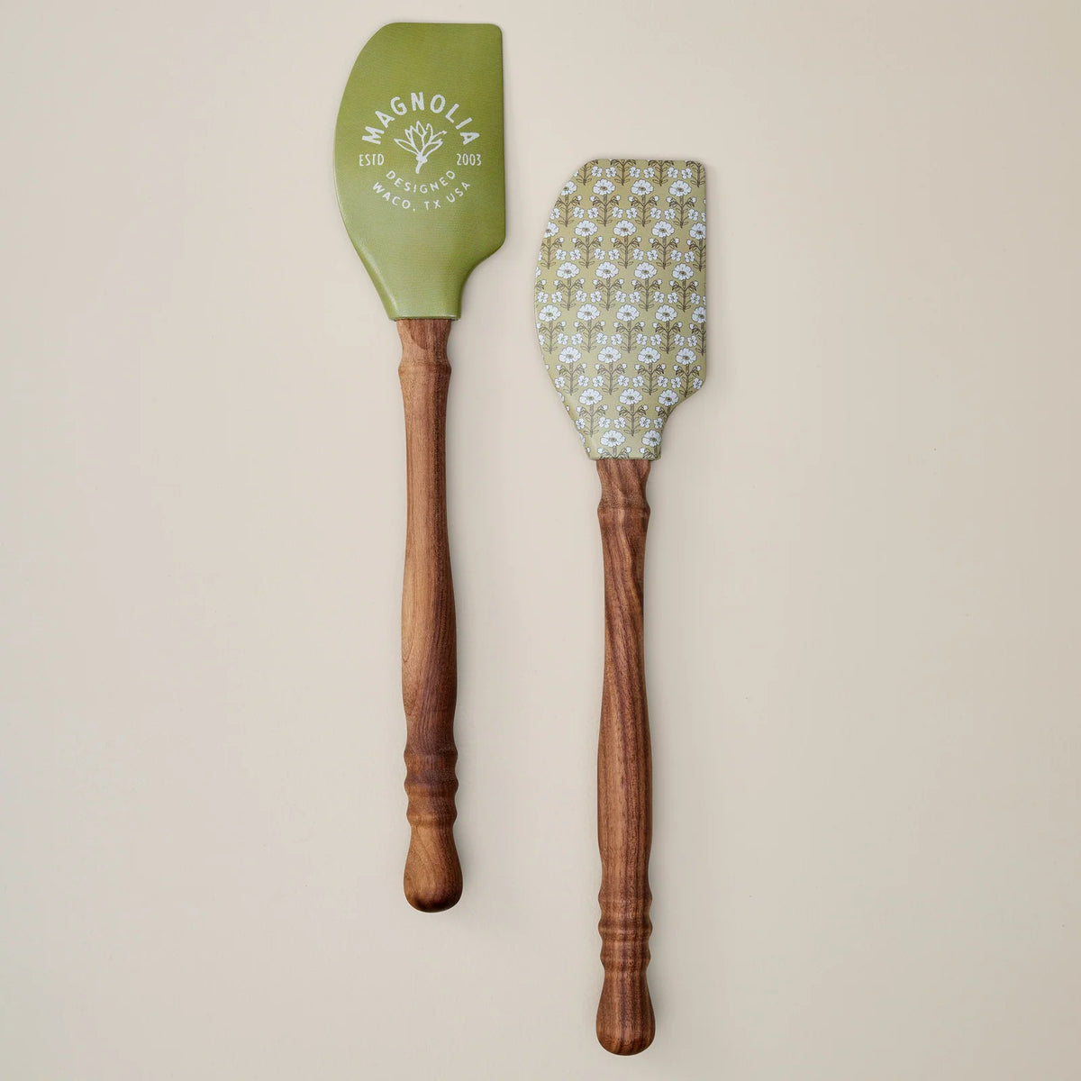 Decorative Spatula Set with Turned Wood Handles, Two Floral Kitchen Utensils for Baking, Mixing, Stirring and Prep