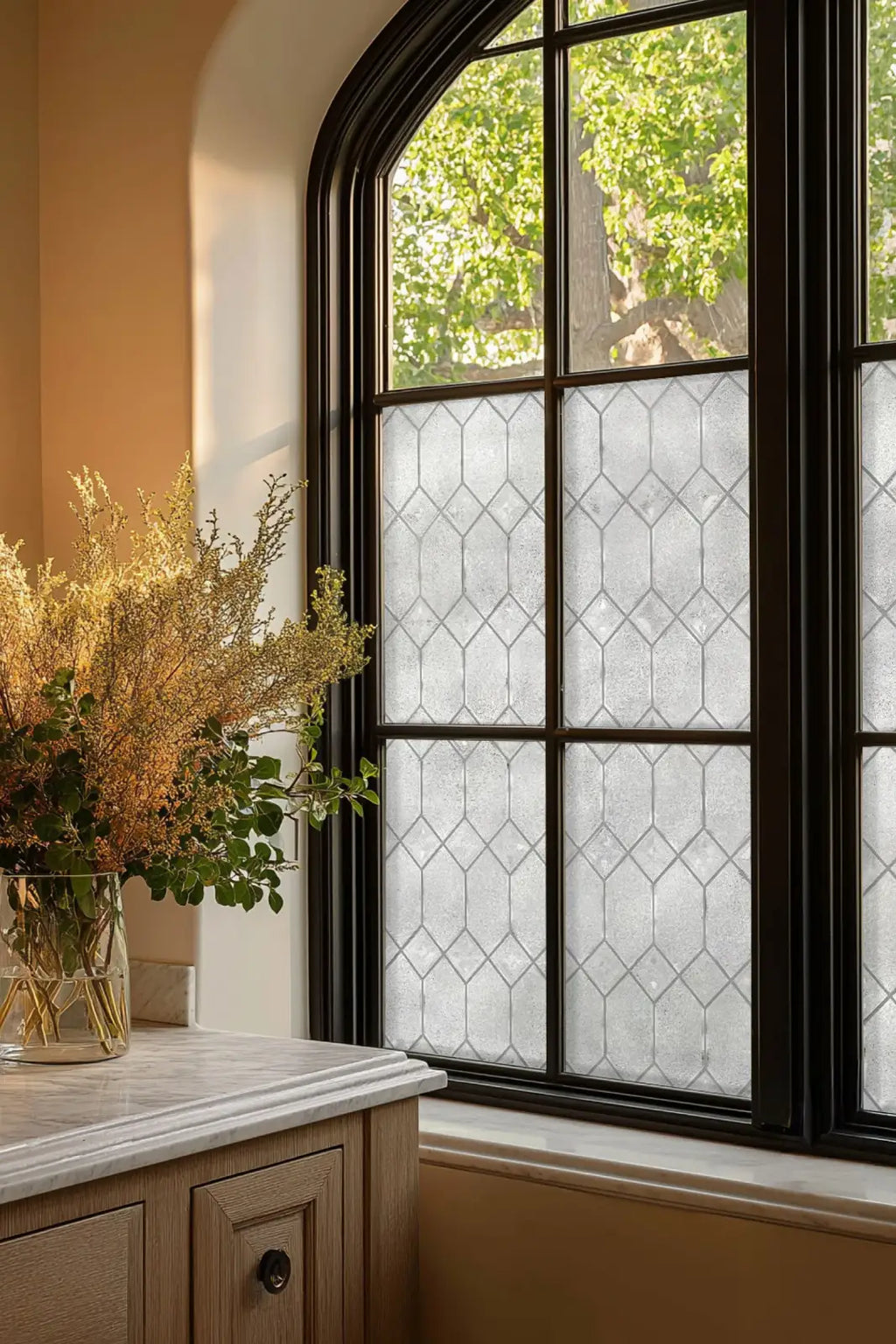 Decorative Window Privacy Film in an Old English Geometric Design