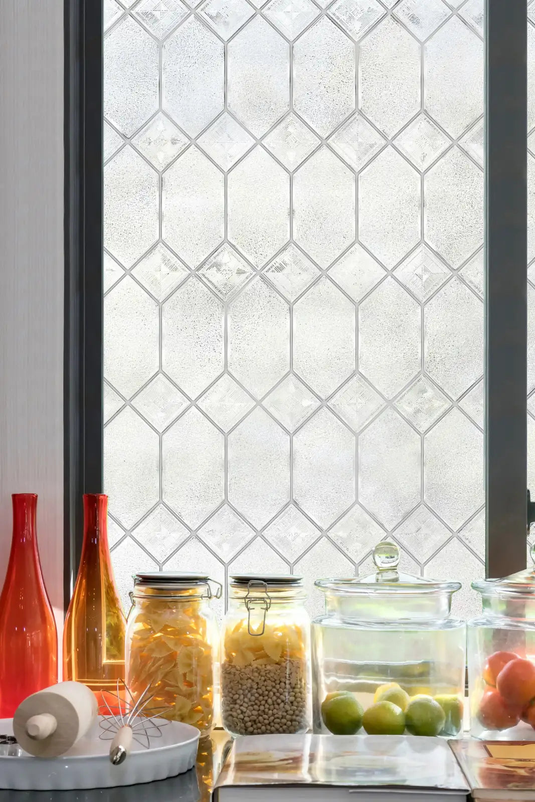 Decorative Window Privacy Film in an Old English Geometric Design