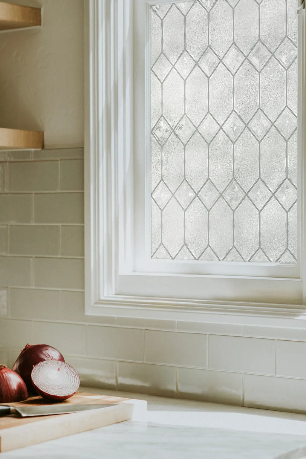 Decorative Window Privacy Film in an Old English Geometric Design
