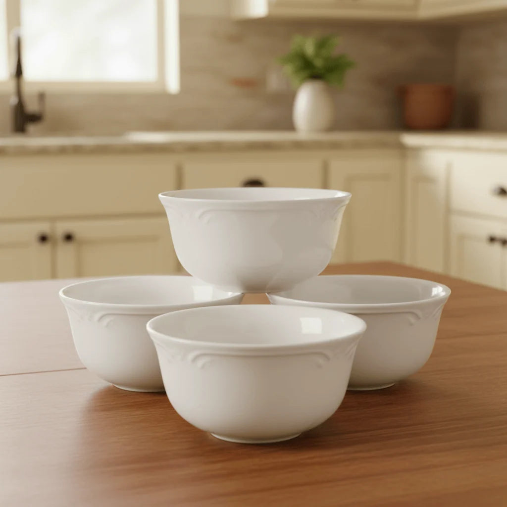 Deep Soup and Cereal Bowls Set of 4 in White Stoneware
