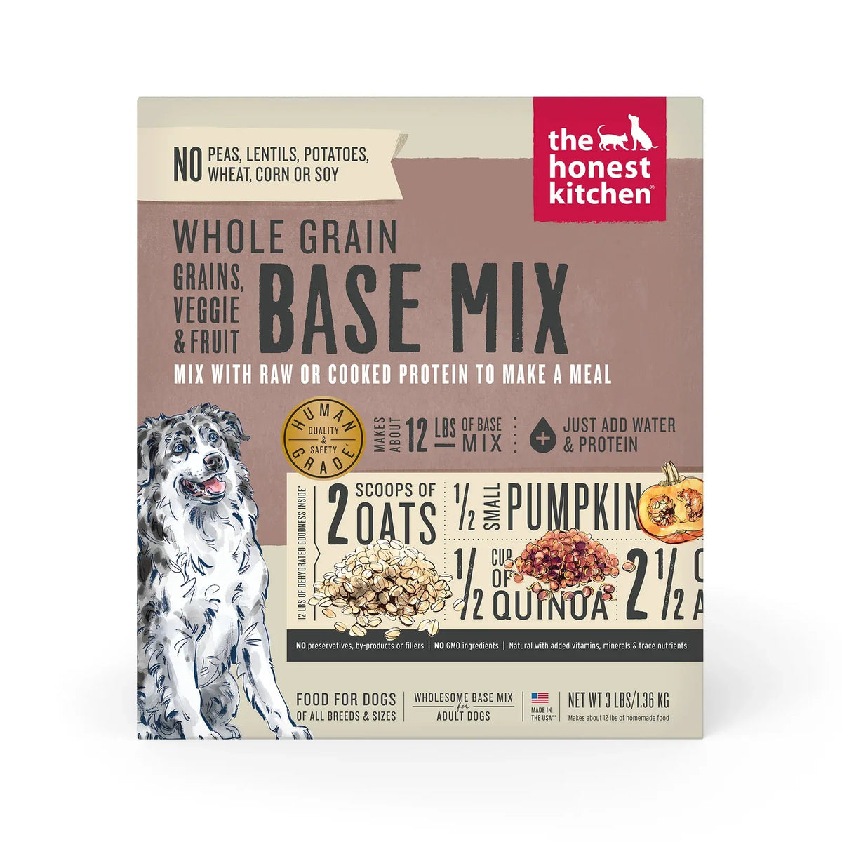 Dehydrated Dog Food Base Mix with Whole Grain, Vegetables and Fruit for Warm-Water Meal Preparation