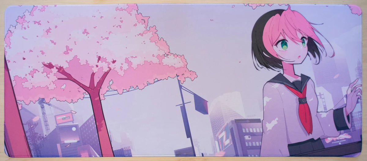 Desk Mat Featuring Sakura Pippi Line Art in Antimicrobial Fabric, 12 x 36 Inches and 4 mm Thick